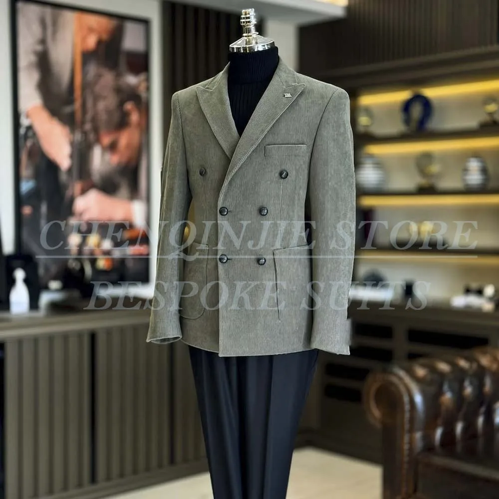 Bespoke Corduroy Suits for Men Blazer Formal Double Breasted Peak Lapel Outfits High Quality 2 Piece Jacket Pants Male Clothing