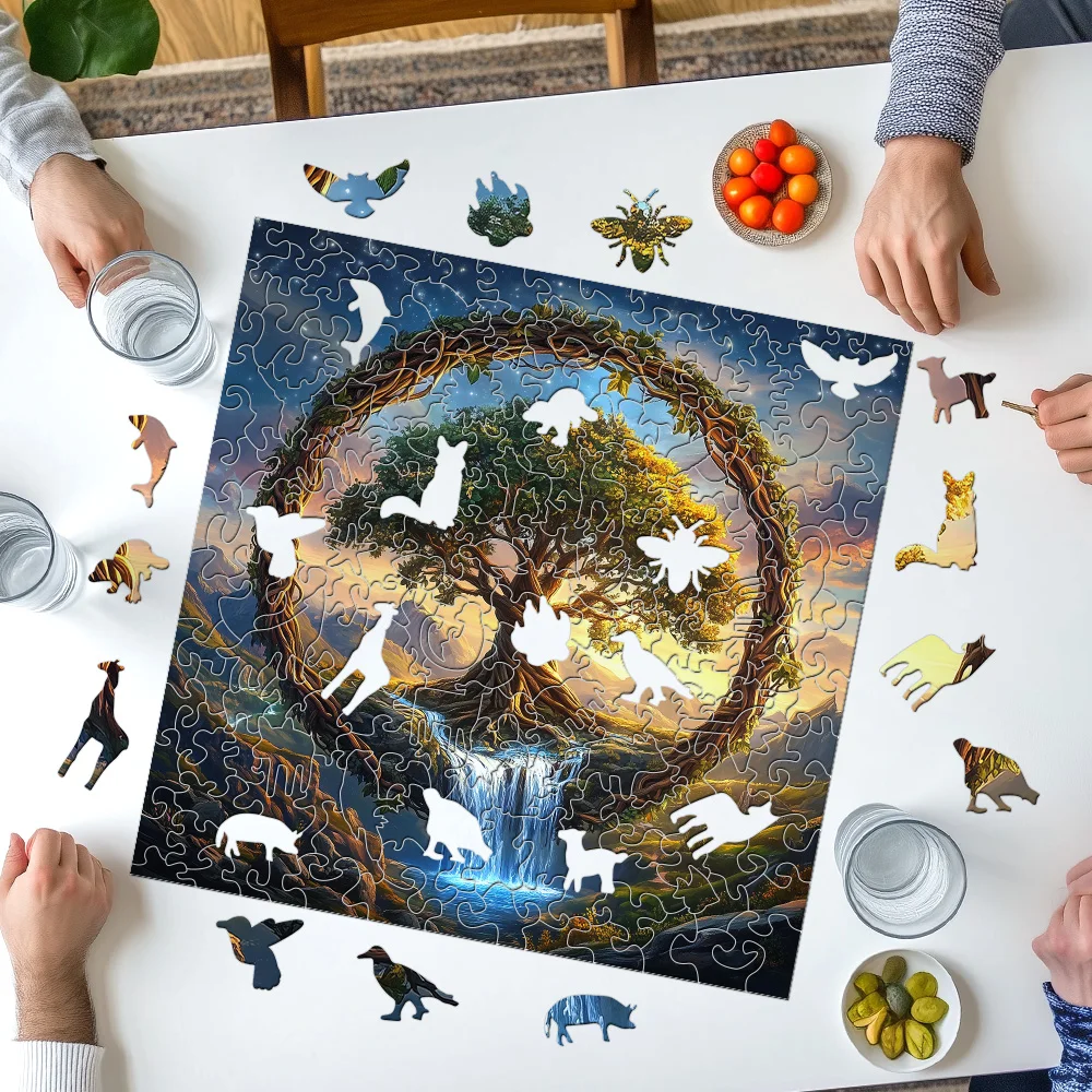 Puzzle in legno con fiume cascata dell'albero della vita per adulti |   Gioco per famiglie creativo irregolare dalla forma unica: artigianato in legno ecologico