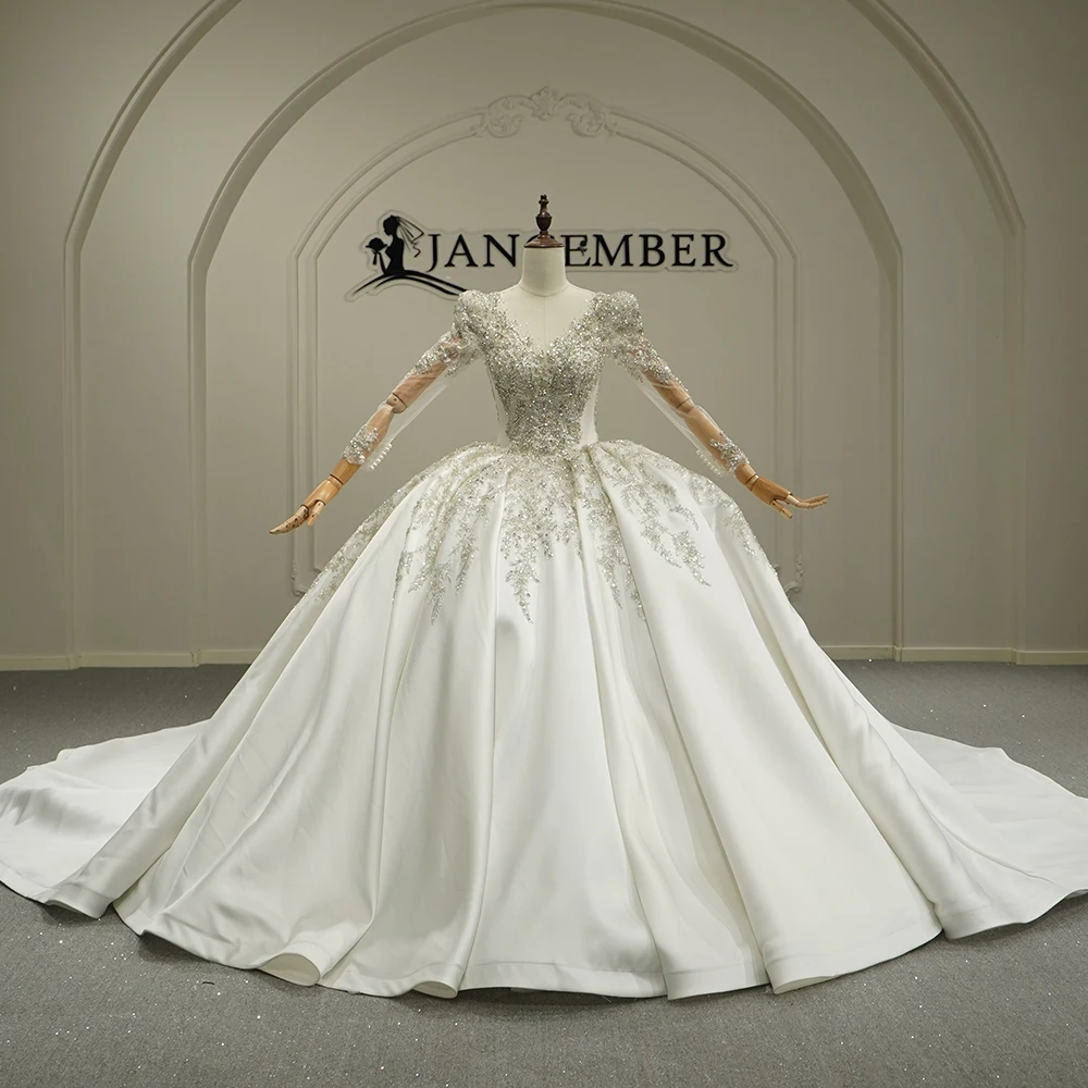 

Luxurious Wedding Dress Sequins With Bead Ball Gown Sheer O-Neck Full Sleeve Customized Bride Dress платье свадебн