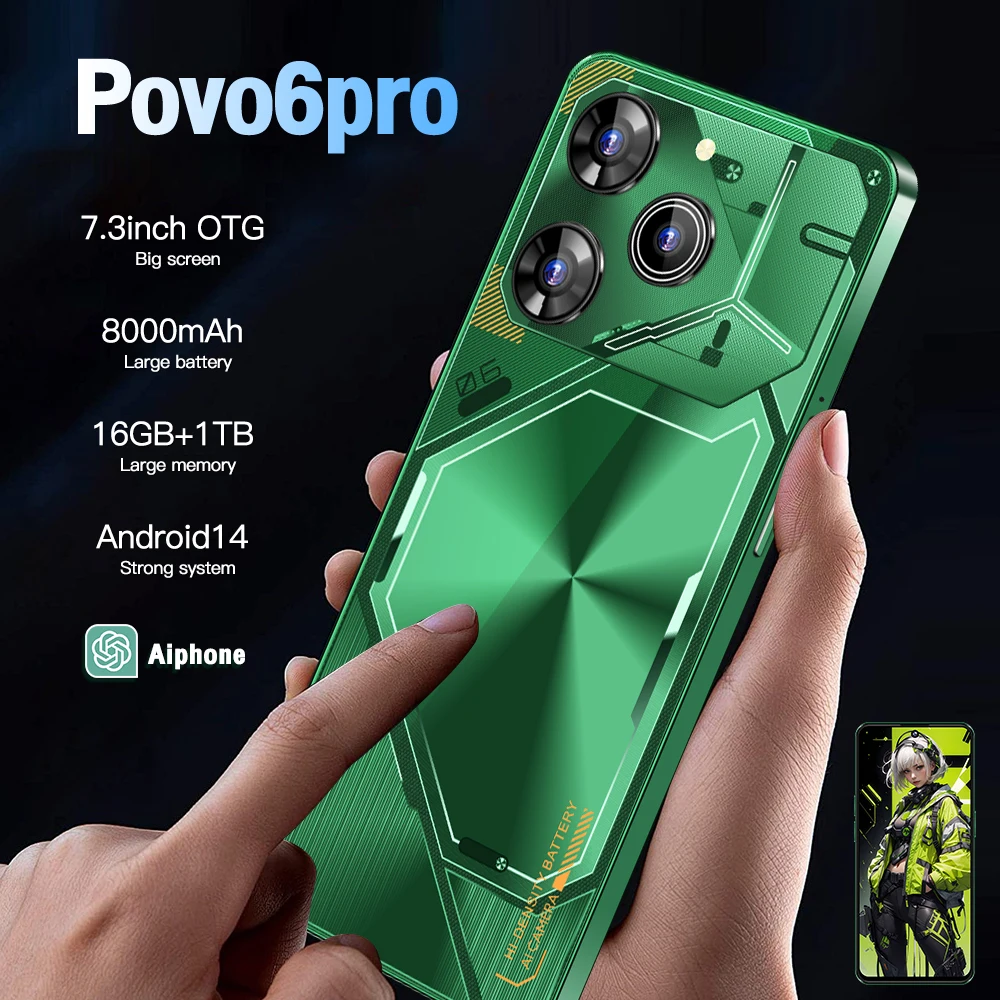 

Global Version Povo6pro Mobliephone 7.3inch Android Smartphone Snapdragon 8 gen3 Phones OTG NFC Type-C Camera Movie Cellphone