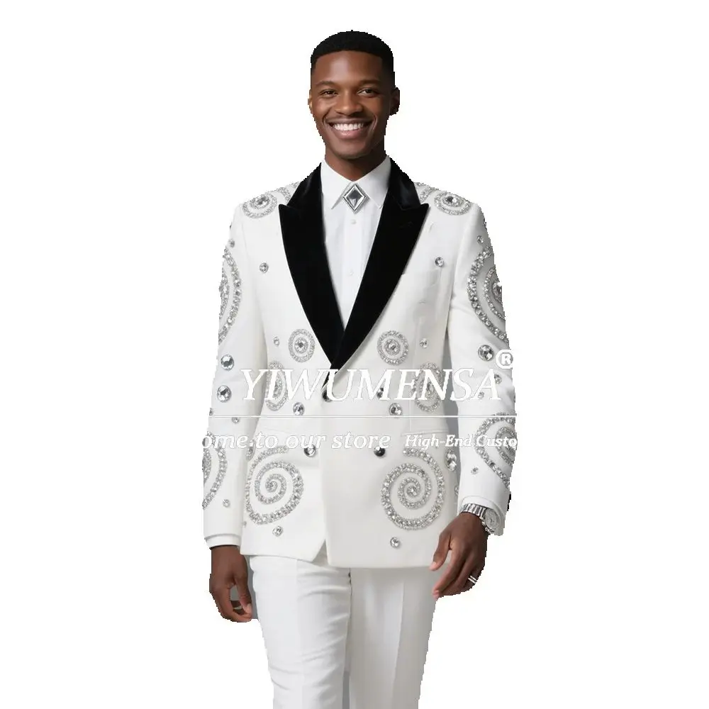 Luxury Beaded Stones Groom Wedding Suits 2 Pieces Sets Black Velvet Lapel Prom Blazers Customized Men's Tuxedos Costume Homme