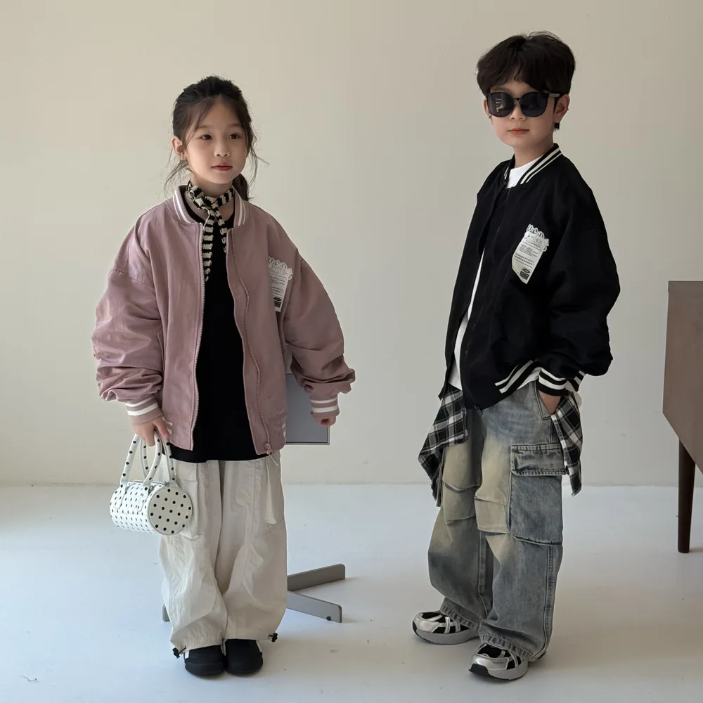 2025 Autumn Kids Baseball Jacket Unisex Letter Print Zip-Up Coat Zippered Coat Loose Fit Casual Outfit for Toddler Boys Girls
