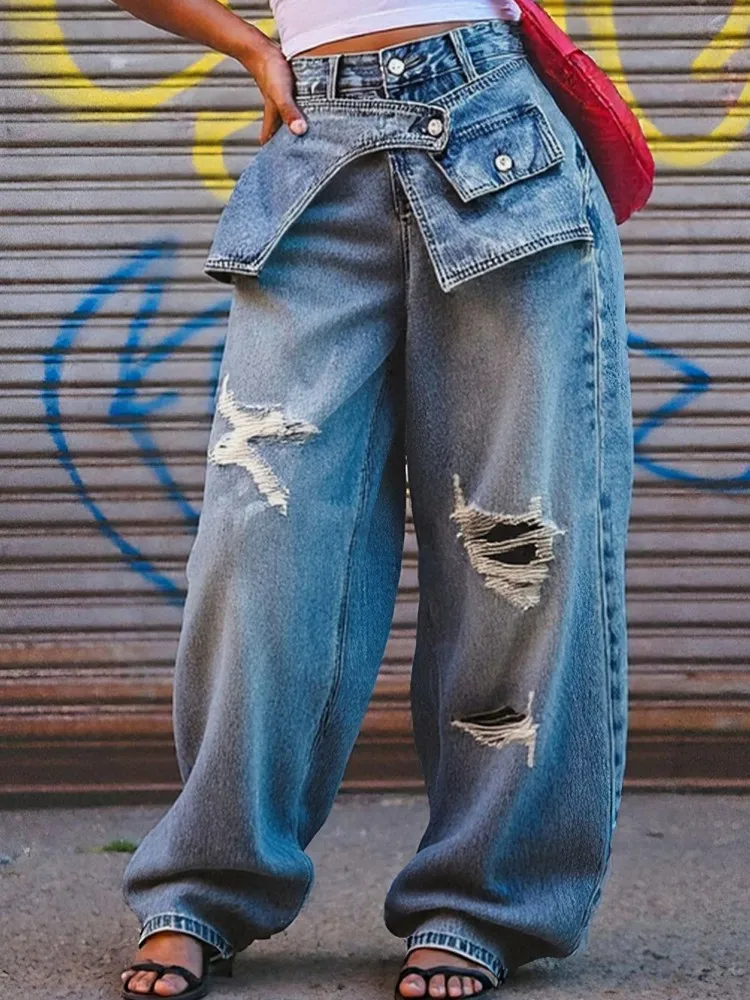 Women High Waist Wide Leg Pants Shiny Straight Pants Long Jeans Casual Trendy Trousers 2025 Autumn Winter New Denim Trousers