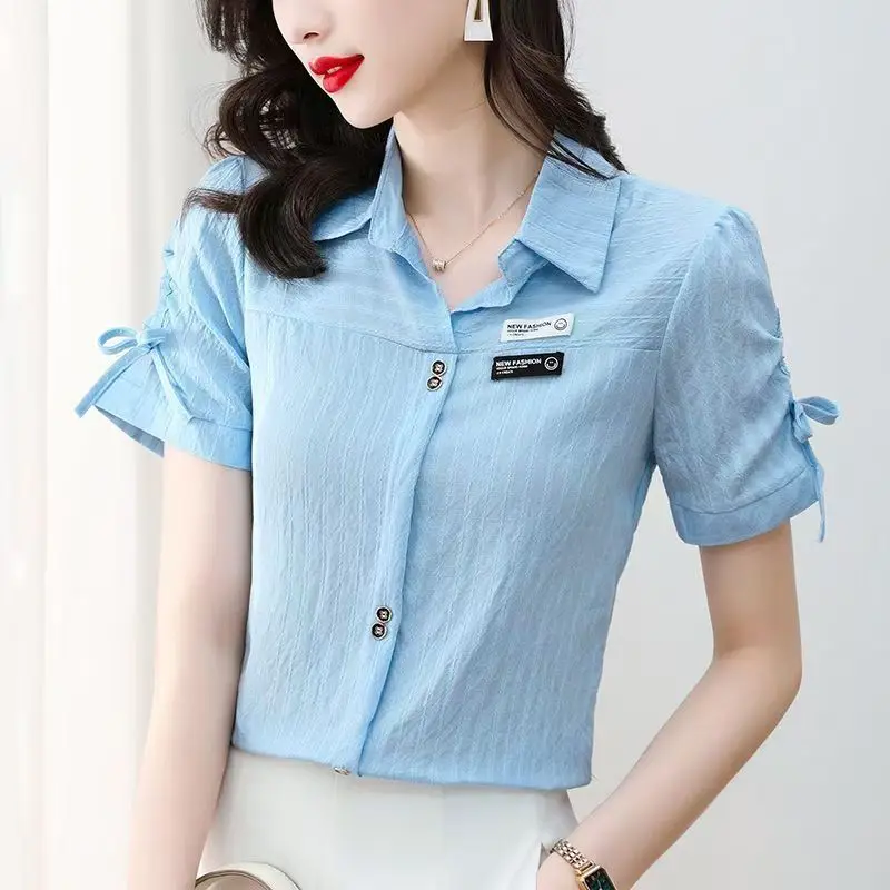 Temperament New Summer Short Sleeve Polo Neck Shirt Tops Thin All-match Solid Loose Elegant Blouse Fashion Office Women Clothing