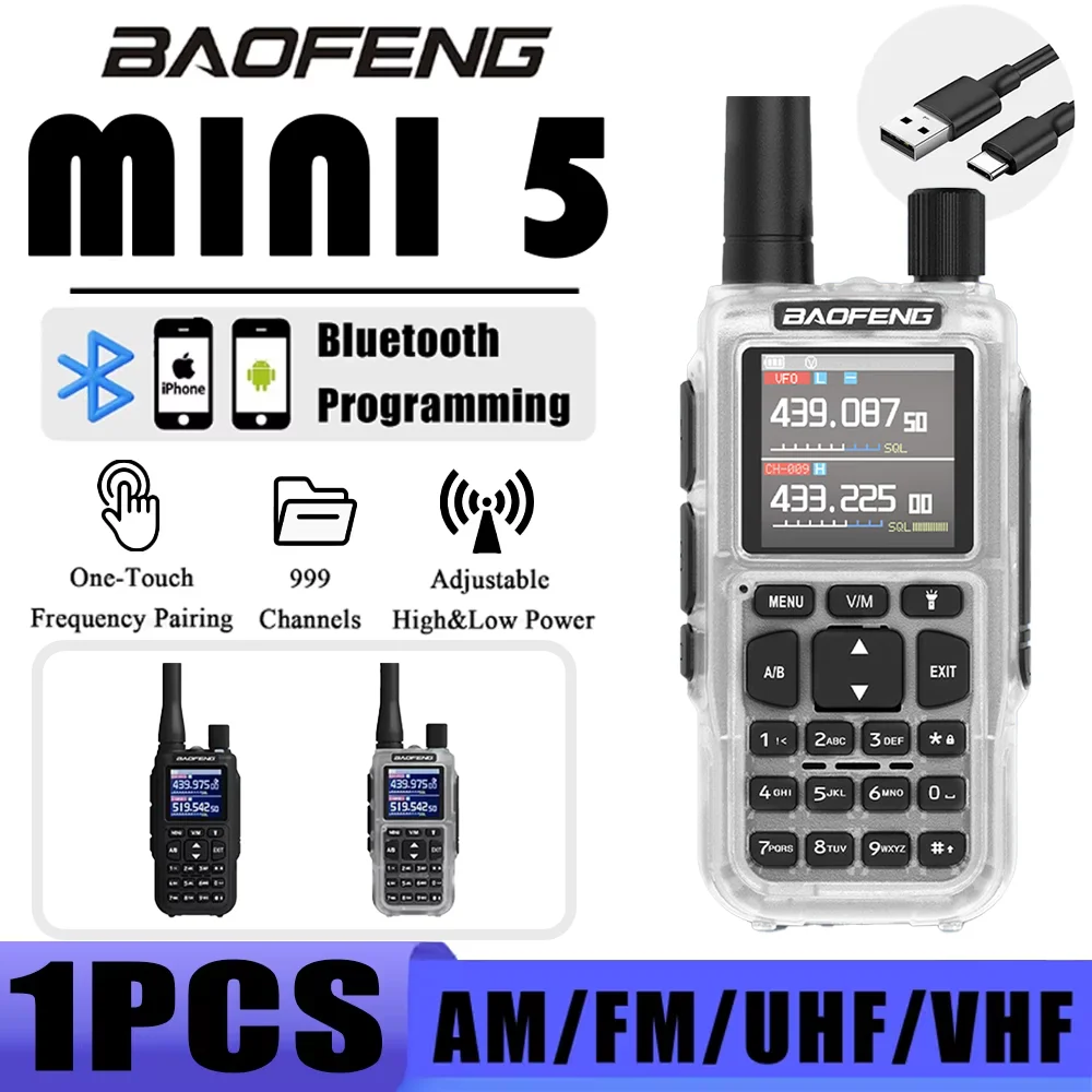 baofeng-mini-5-トランシーバー、マルチカラー、bluetoothアプリによるプログラミング、am-fm-noaa対応、type-c充電。