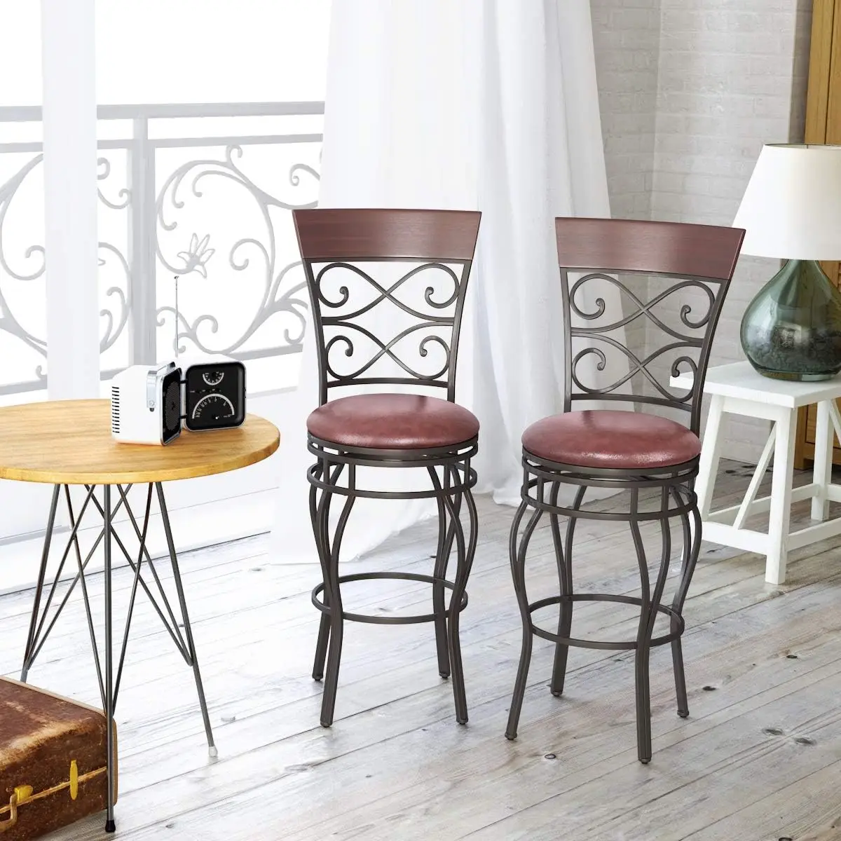 

Bar Stools Set of 2, 360 Degree Swivel, 30" Bar Height Bar Stools, Leather Padded Seat Bistro Dining Kitchen Pub Metal