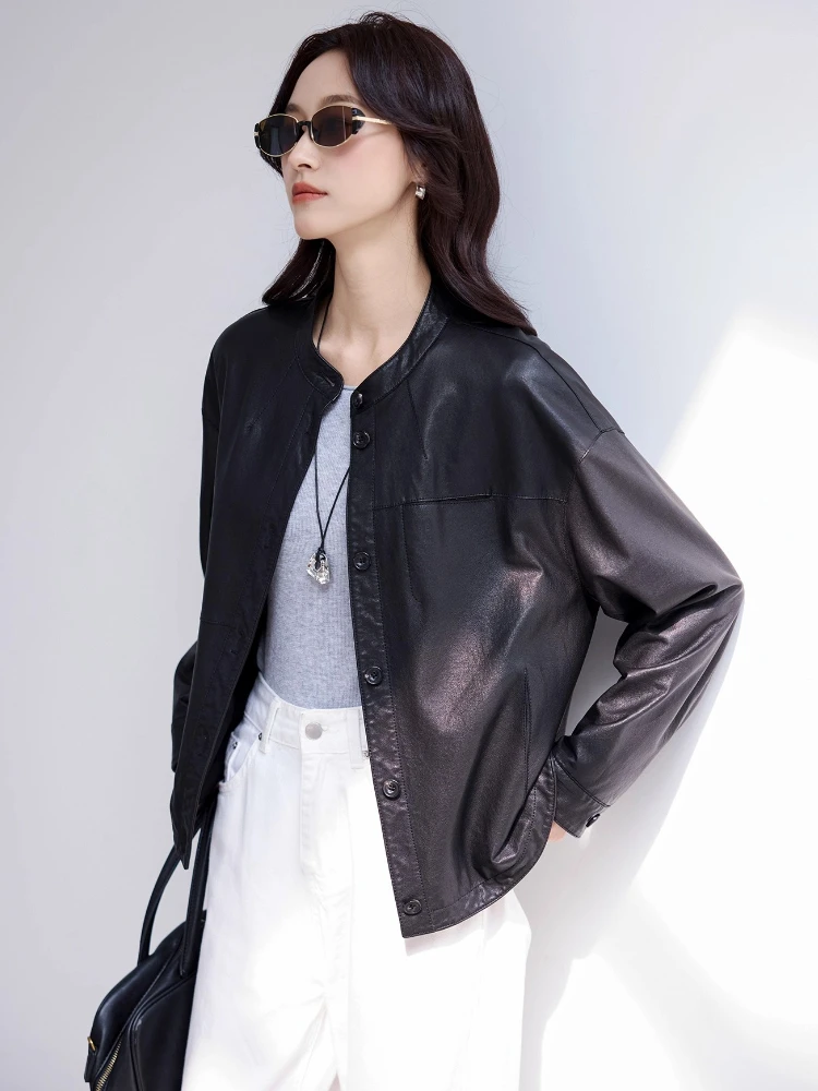 カジュアルショート丈本革ジャケット レディース 春秋 2025 新作 高級 シンプル スタンドカラー ソフト ブラック 本革シープスキンコート