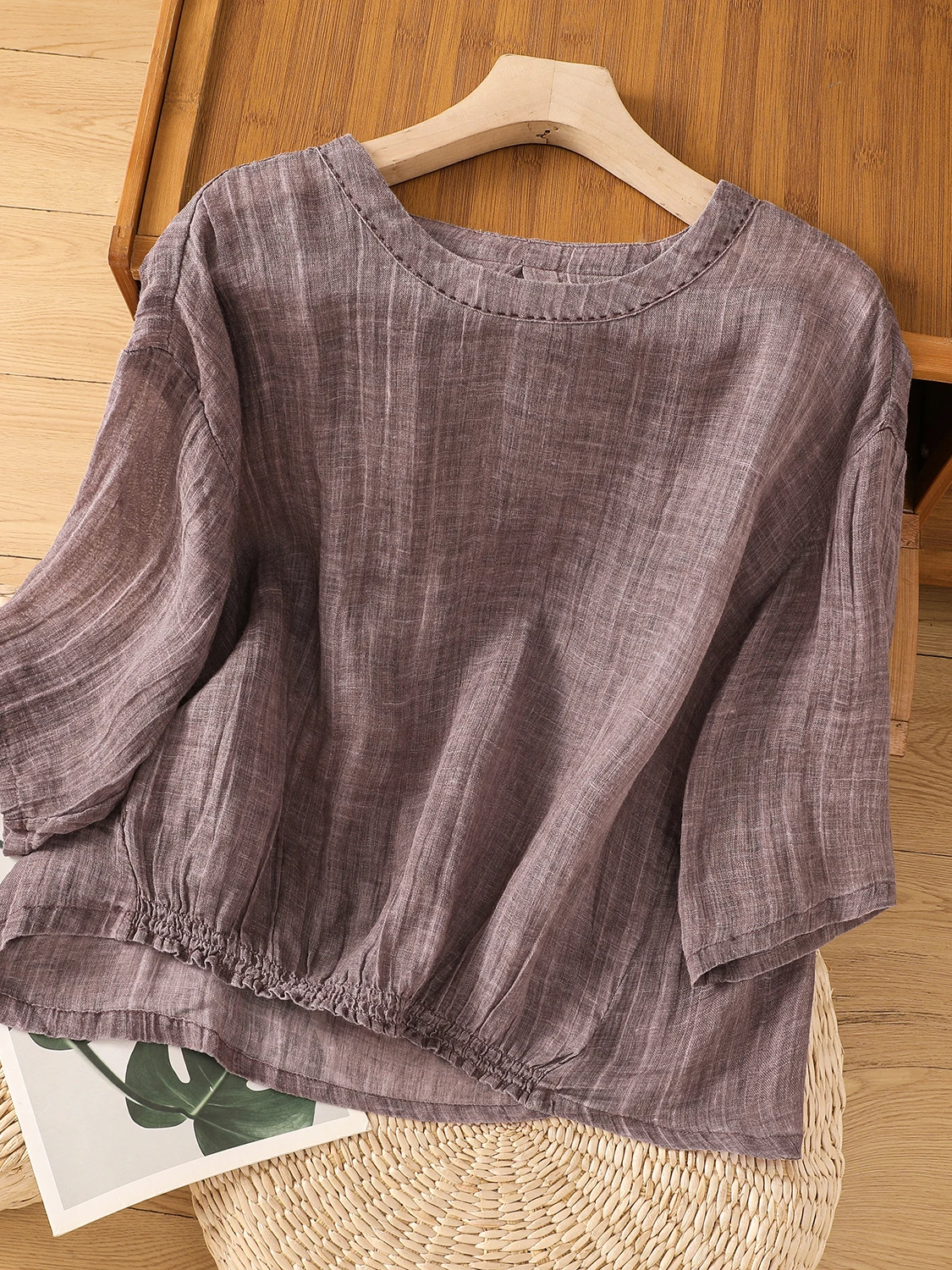 

Летняя тонкая хлопково-льняная футболка женская свободного кроя с круглым вырезом, удобная, дышащая, повседневная