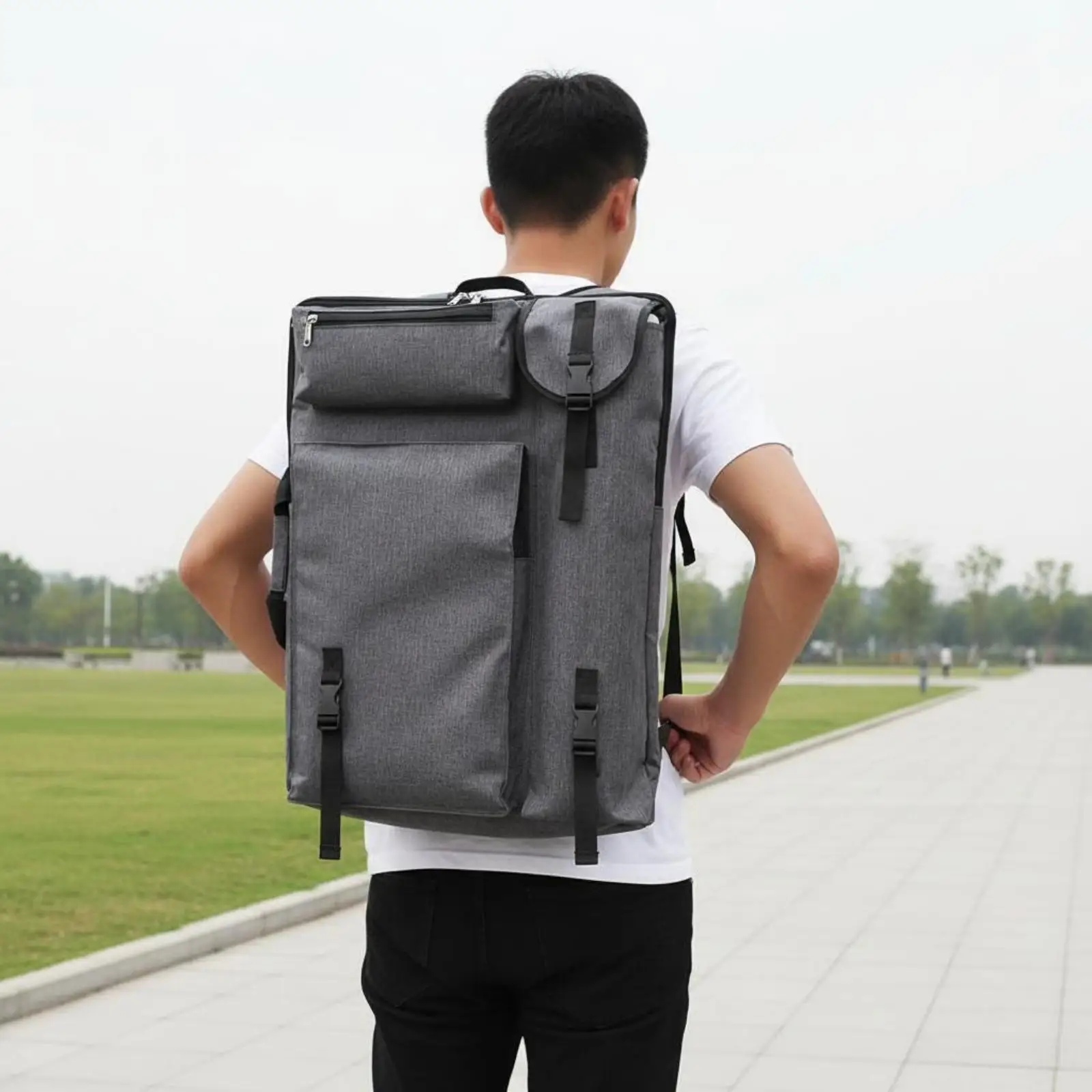Canvas drawing bag with structured compartments, double shoulder tote bag