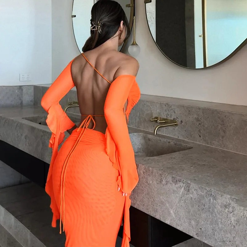 One-Shoulder Hollow Women's Skirt Suit Ribbon Lace Up Backless Top Orange Black Pleated Sheath Slim Skirt New Arrival In Stock