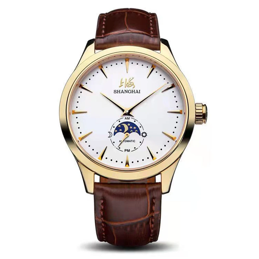 Vintage Shanghai Watches Automatic Self-Wind Mechanical Wristwatches Men 40mm Dress Watch Retro Style Moon Phase Clocks Luxury