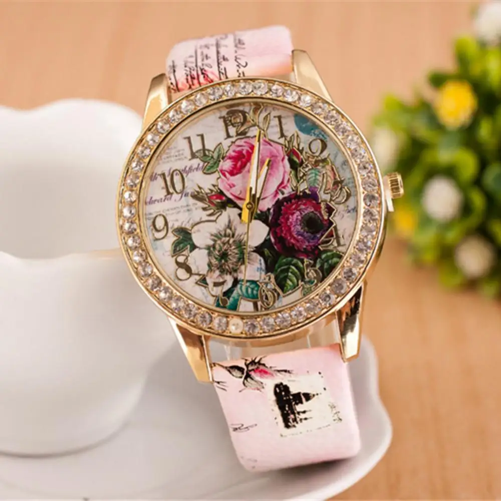 

Women Rhinestone Inlaid Flower Round Dial Faux Leather Band Quartz Wrist Watch