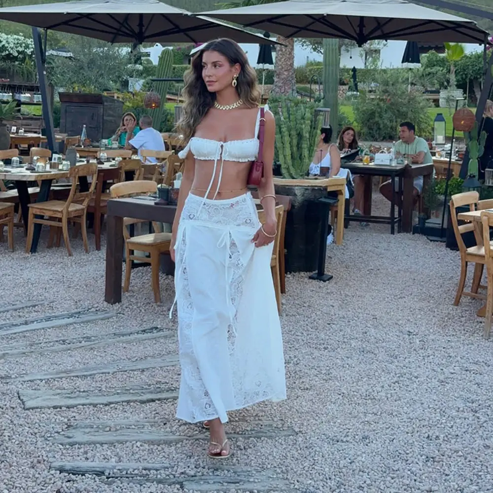 Sexy Lace Splice Elastic Waist Casual Dress Two-Piece Set Bikini Vacation Style Women's Fashion French Style One-Step Skirt
