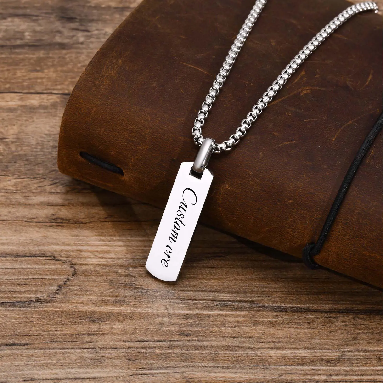 Free Custom Personalized Bar Necklaces for Men Boys, Waterproof Stainless Steel Vertical Geometric Pendant with Box Chain