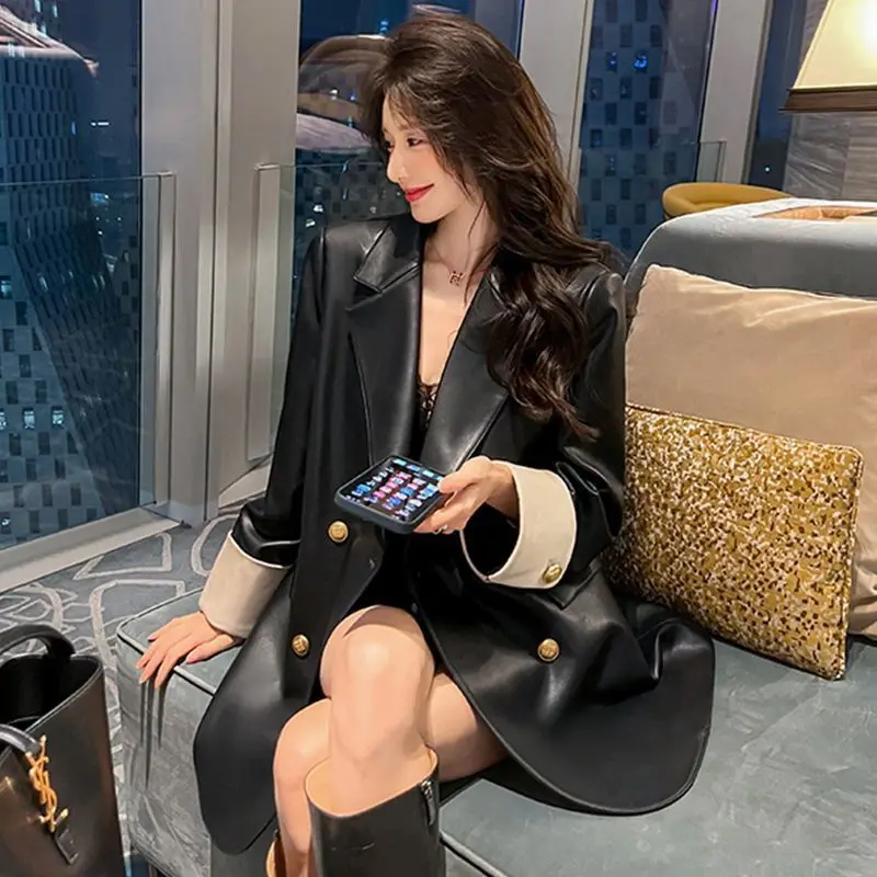 الملابس النسائية الراقية سترة جلدية سوداء من البولي يوريثان بدلة فاخرة سترة معطف ربيع الخريف الكورية فضفاضة تصميم غير رسمي البدلة الأعلى