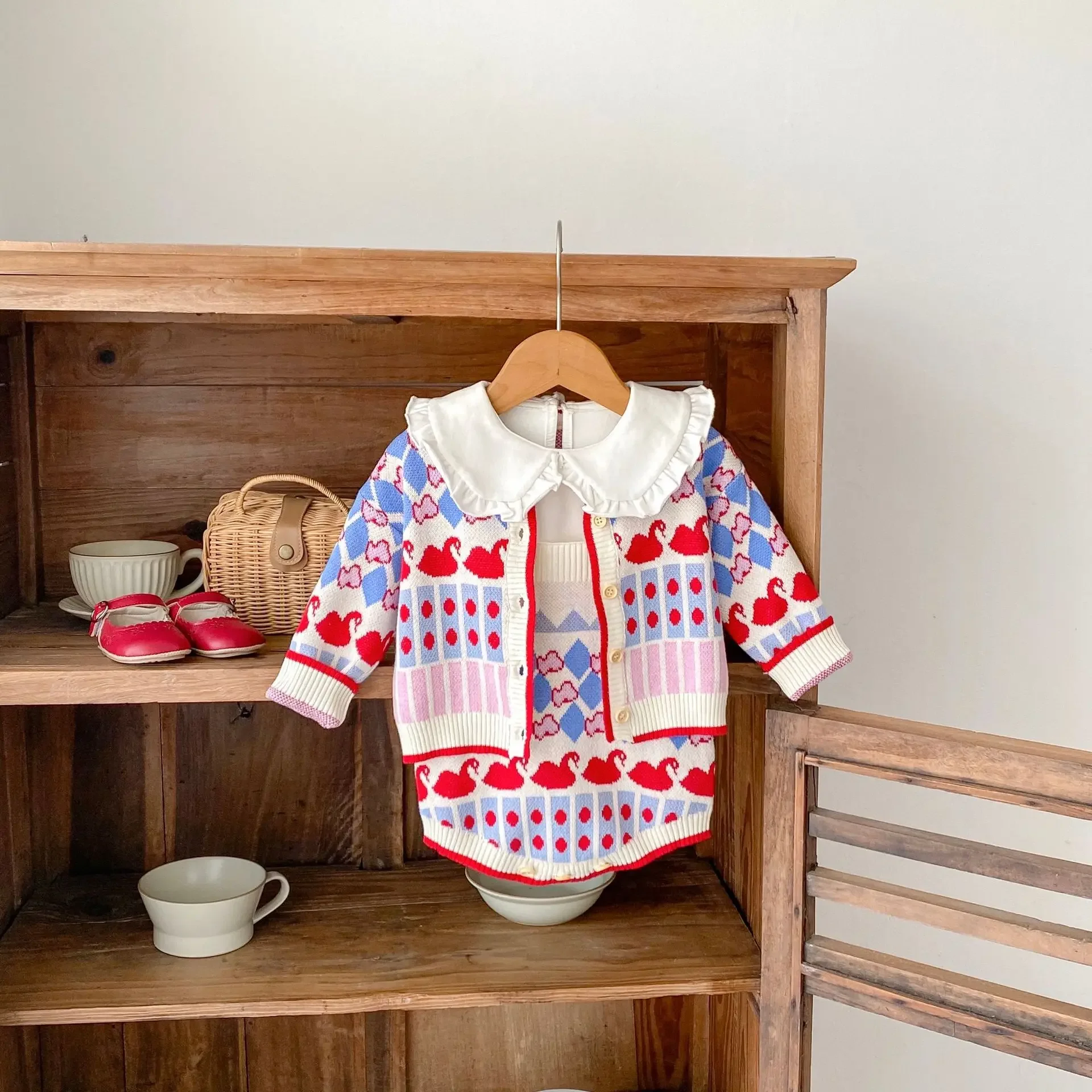 2024 Autumn Baby Set Children Big Goose Jacquard Knitted Long Sleeve Cardigan Rompers Two Piece Set