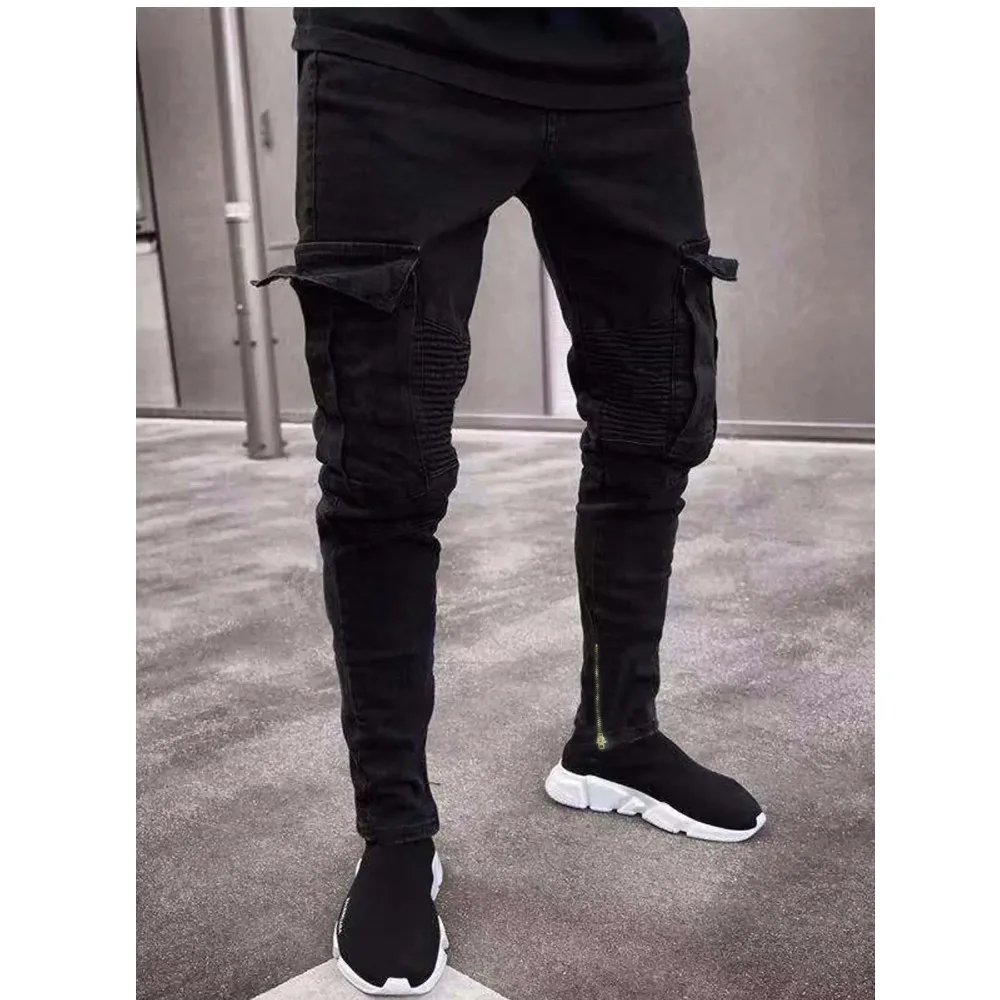 

Мужские джинсы, потертые джинсовые брюки-карандаш, брюки до щиколотки, мужские потертые брюки с несколькими карманами, повседневные винтажные джинсы на молнии