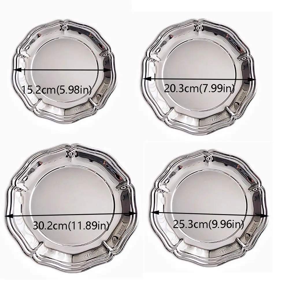 Round Shape Stainless Steel Cake Tray Silver Color Embossed Design Jewelry Display Tray Decorative Mirror Surface