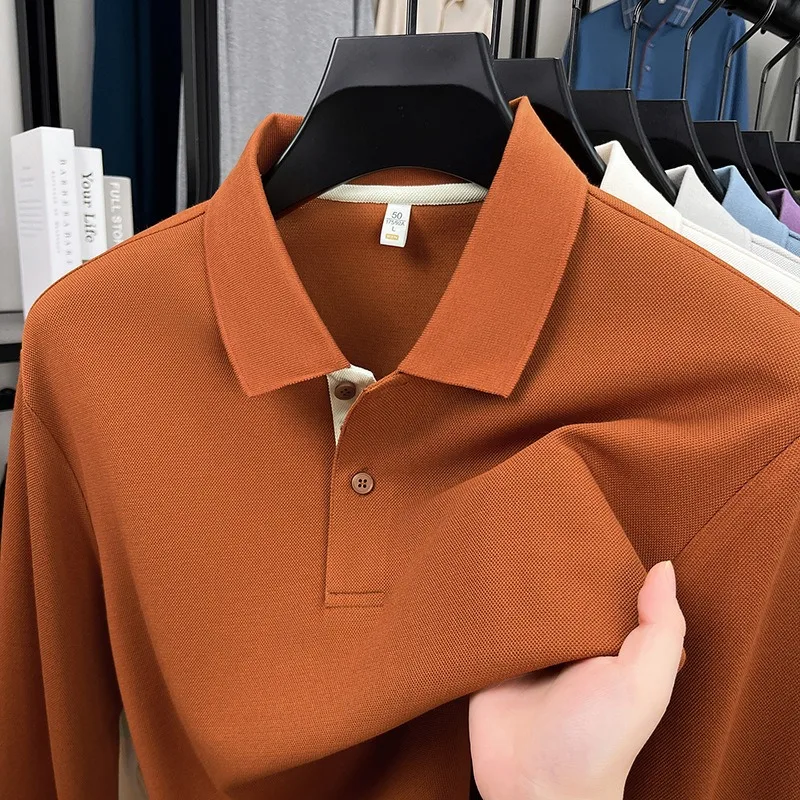 Men Wool Blend Long Sleeve Polo Shirt Turn Down Collar Business Casual Solid Color T Shirts For Middle Aged Men