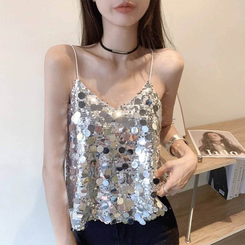 

Fashion Women Sequined Tank Top New Sexy V Neck Strap Camis Club Girls Sequin Sleeveless Short Camisole Vest Tops