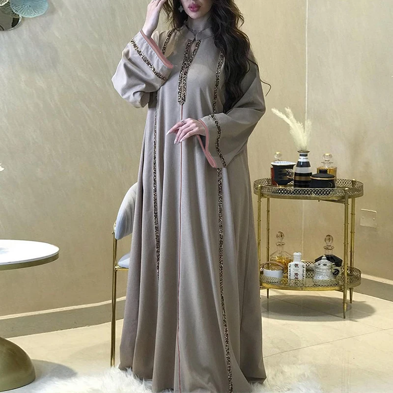 فستان أنيق بأكمام طويلة للخريف للنساء بخصر عالٍ فساتين للتنقل مسلمة جديدة Sueqins مرقعة فضفاضة