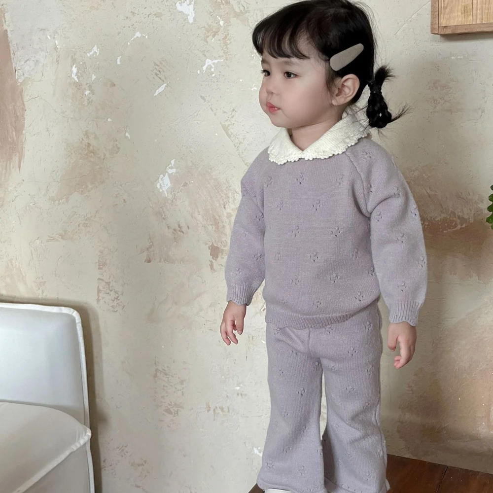 Kids Clothes Girls Autumn Winter Girls Lapel Raglan Sleeve Suit Baby Girl Pullover Hand Hook Collar Top + Trousers 2-piece Set