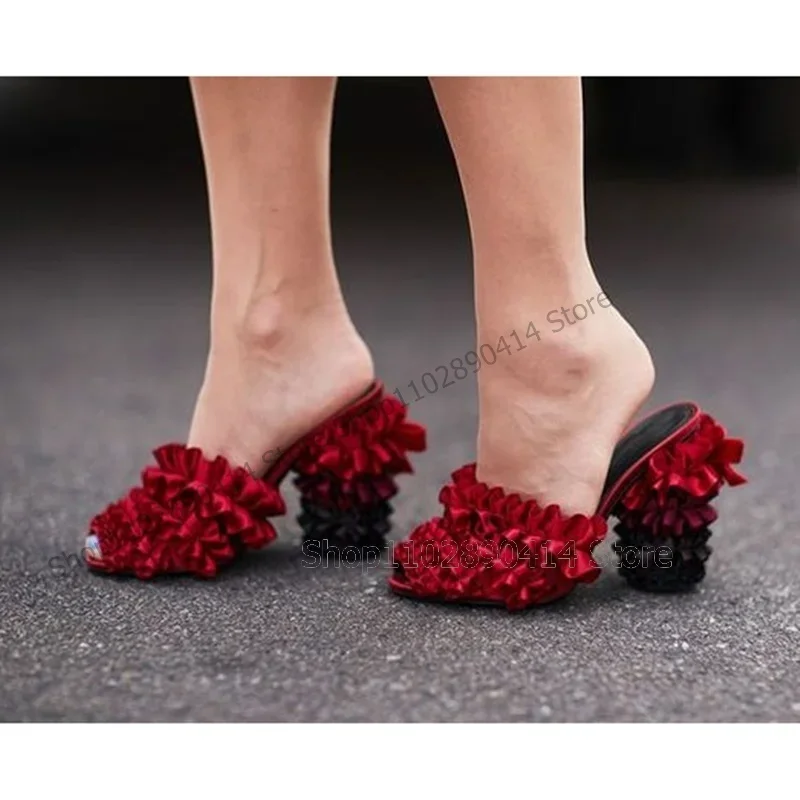 

Brown Pleated Ruffles Design Peep Toe Slippers Slip On Women Shoes Chunky High Heels New Fashion Runway 2024 Zapatos Para Mujere