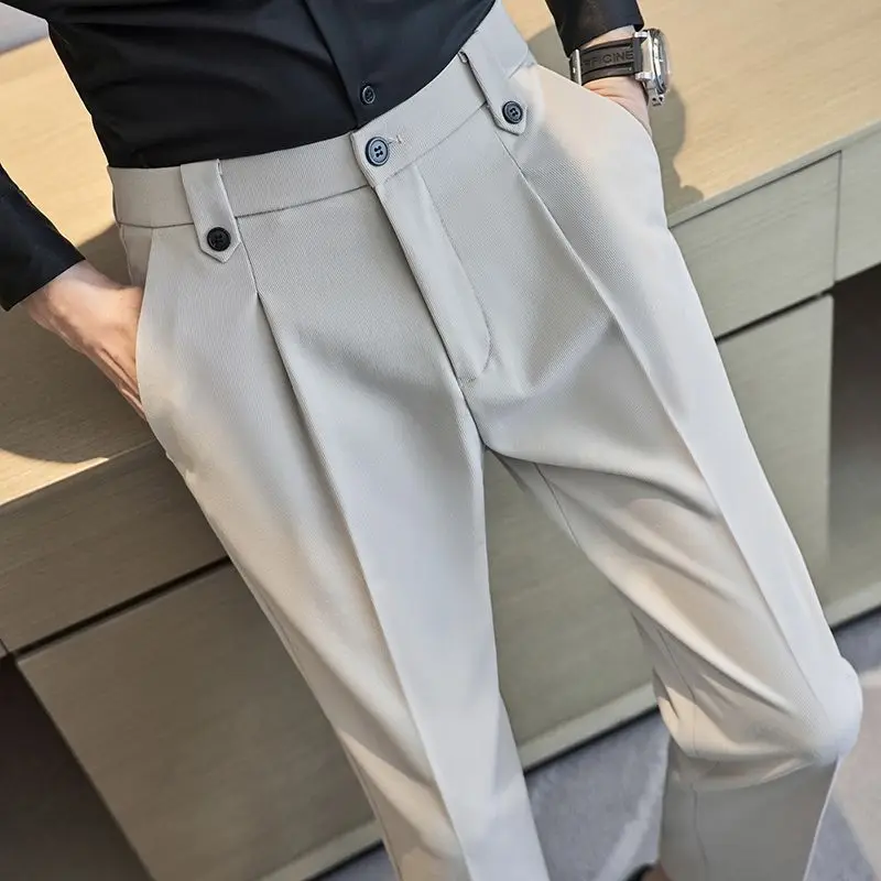 

Korean Business Casual Men's 2024 Autumn New Splicing Button Zipper Pocket Fashion Solid Color Slim Versatile Straight Leg Pants