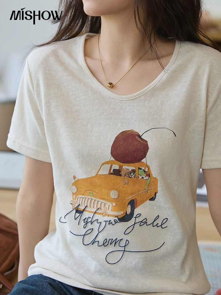 MISHOW Apricot Retro พิมพ์เสื้อยืดผู้หญิง 2025 ฤดูร้อน V คอรถยนต์เชอร์รี่พิมพ์ TOP Casaul รอบคอ Tees MXE41T0691