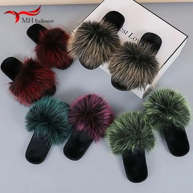 

Women Plush Faux Fur Slippers House Fluffy Sandals Spring Autumn Outdoor Fashion Walking Open Toe Flip Flops Cute Flat Slides