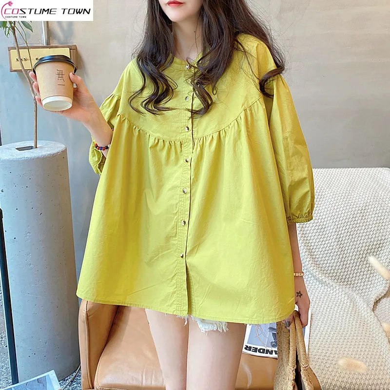 Fashion Top Summer Korean Version Simple Commuting Loose Lantern Sleeves Fluffy Cotton Linen Women's Short Sleeved Shirt