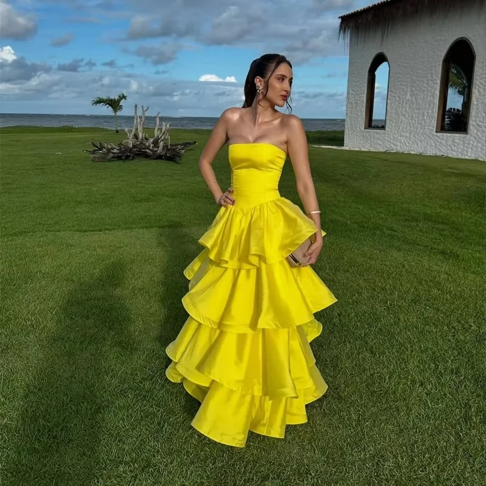Yellow Evening Gown Strapless Sleeveless Prom Dress A Line Wedding Evening Dress Multilayered  Customized formal vestido