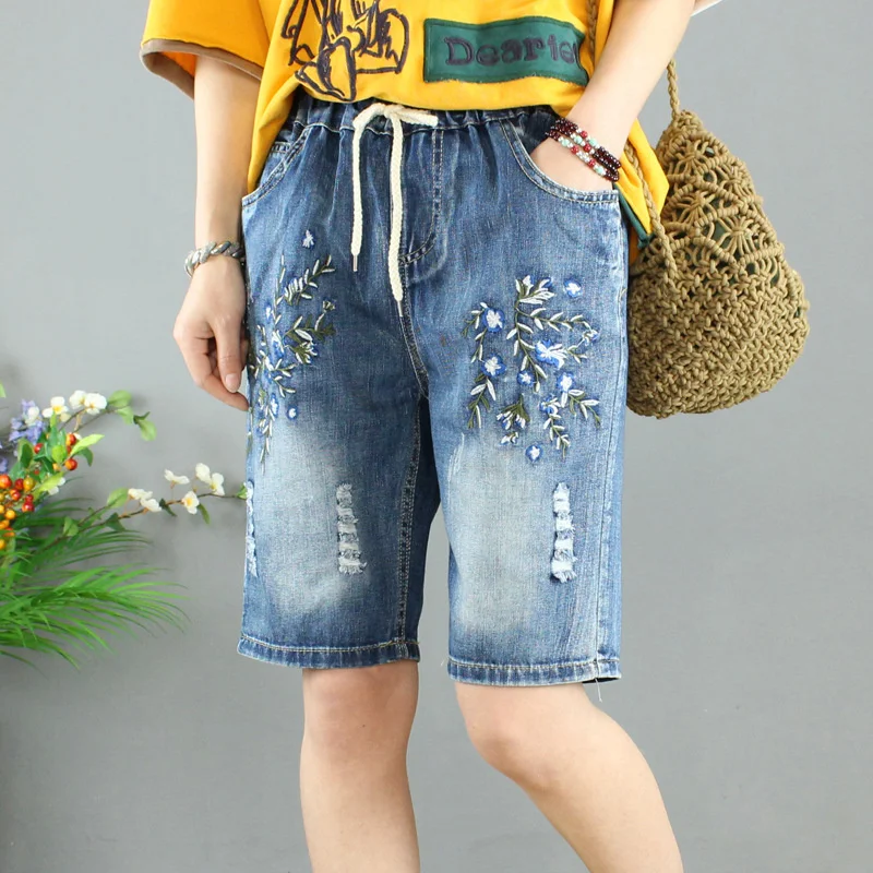 Summer Women denim Short pants Feminino Vintage Floral Embroidery High Waist Baggy Jeans Short Ripped Denim Capris Jeans Femme