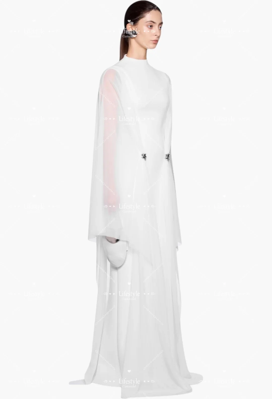 Customized Light Pink Formal Evening Dress Sheer Chiffon Cape Metal Buttons Back Split Floor Length Elegant Party Dress
