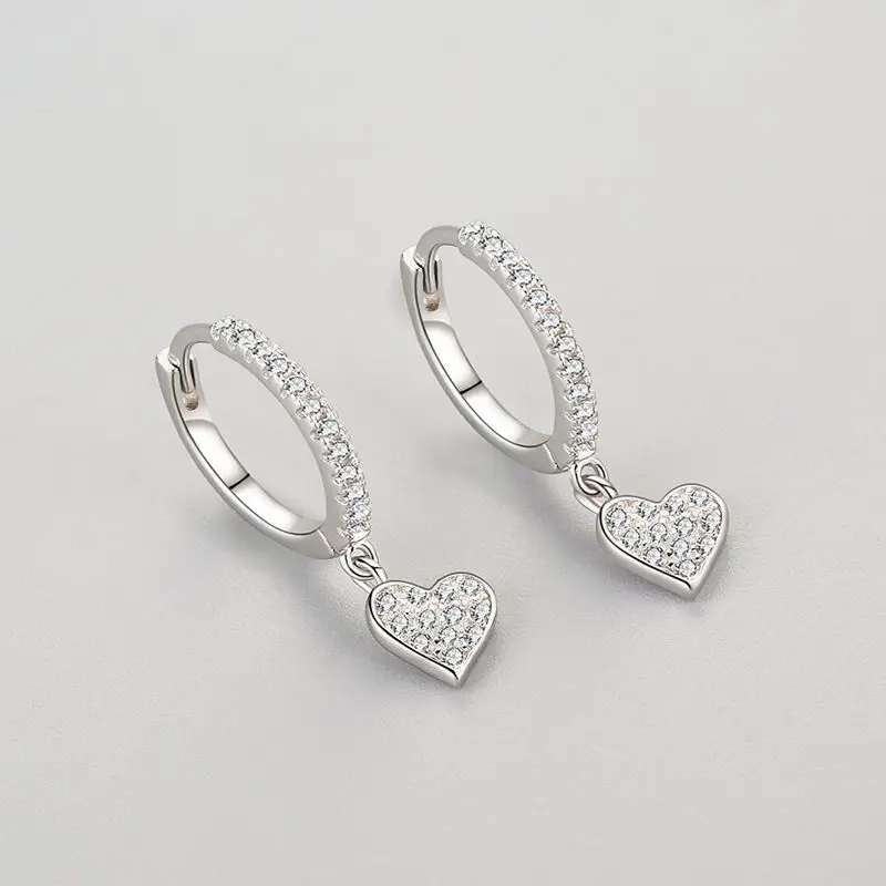 Karloch New S925 Pure Silver Heart Pendant Earrings Korean Fresh Ladies Temperament Diamond Studded Fashion Accessory