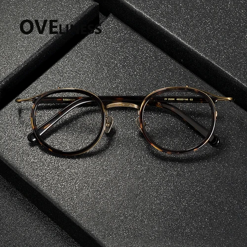 Imagen 2 del producto Montura de gafas de acetato de titanio para hombre, monturas de gafas redondas Vintage para mujer, gafas completas Retro para hombre 2025