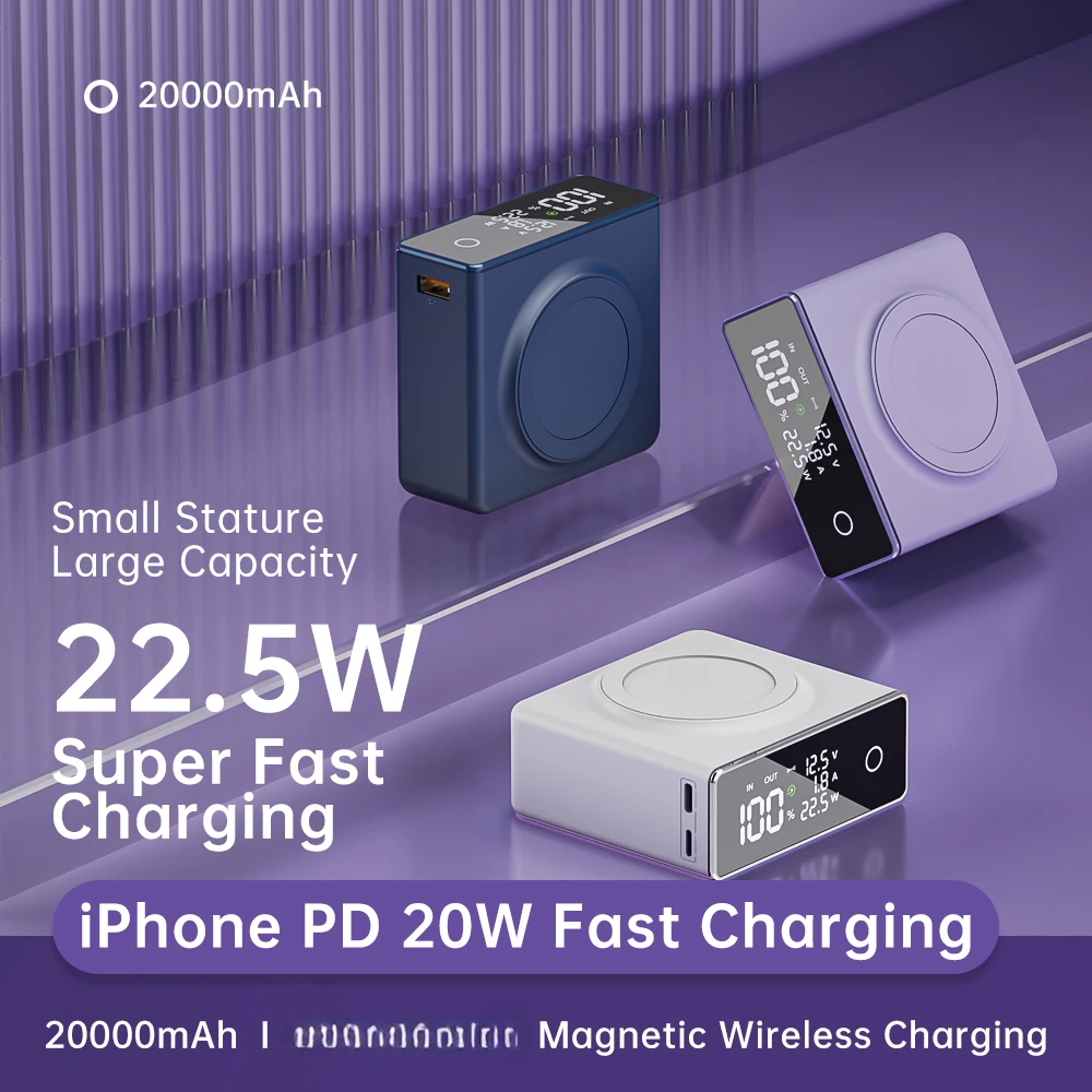 For Laptop Mini Portable Charger 22.5W Power Bank Fast Charging Magnetic Wireless Charge for IPhone 20000mAh Powerbank