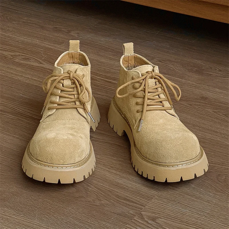 Męskie buty casual z dużym okrągłym noskiem, wysokiej jakości, brązowa skóra nubukowa, gruba podeszwa, modne buty skórzane męskie na pokaz mody, rozmiary 44 45 46