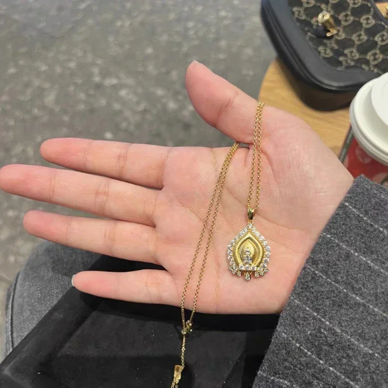 Vintage design brushed craftsm tower pendant necklace Chinese style diamond inlaid crystal High quality charm chain jewelry