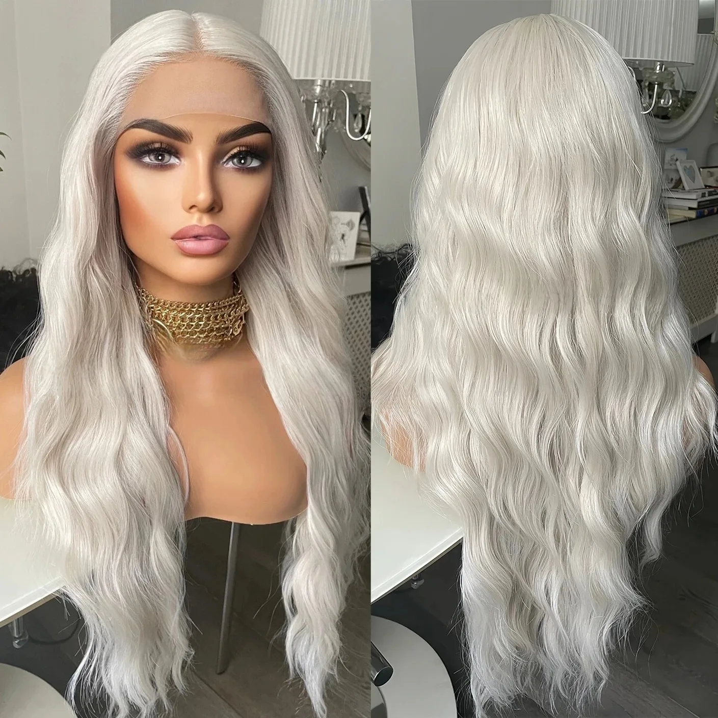 Peruka biała 180% gęstości platynowy blond peruka typu lace front 13x4 peruka typu lace frontal z falą wodną peruka body wave bezklejowa peruka syntetyczna dla kobiet