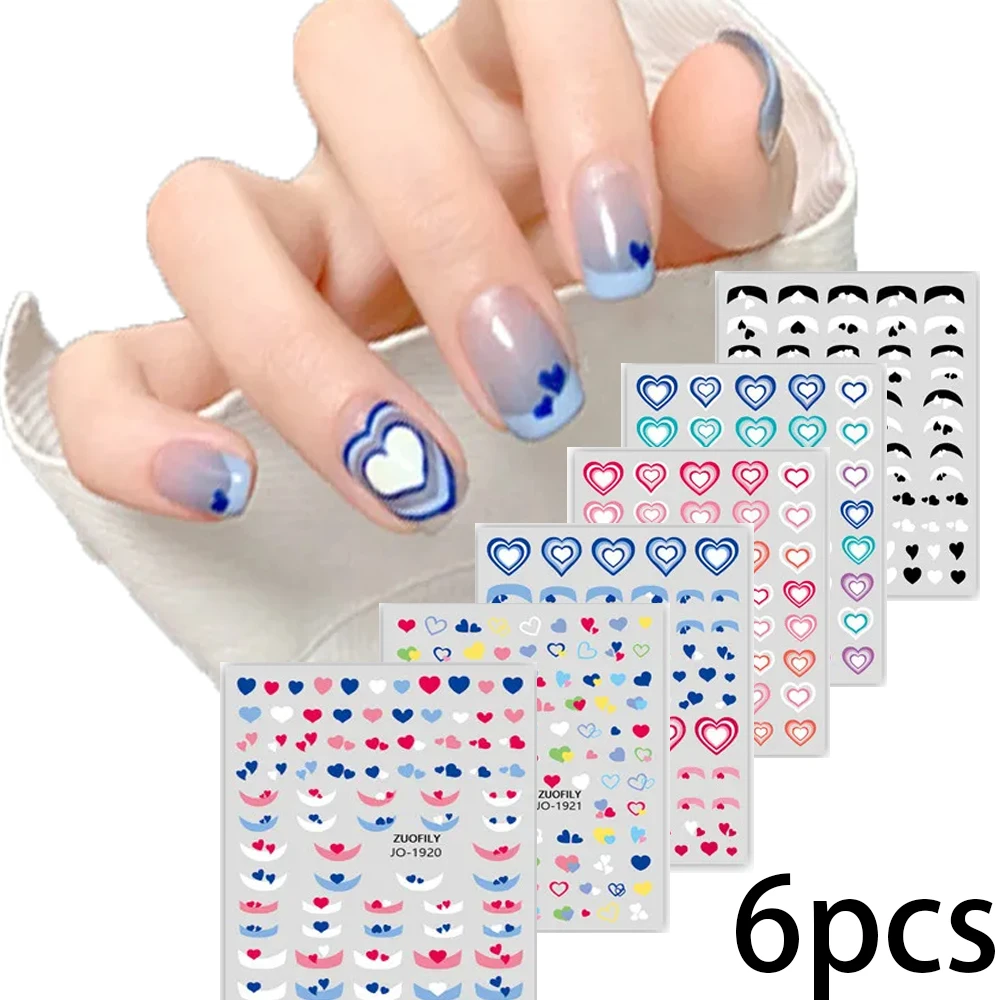 6Pcs/Set Gradient Love Heart Nail Stickers 3D Pink Multi Layer Heart Self-Adhesive Nails Slider DIY Nail Art Sticker Decoration