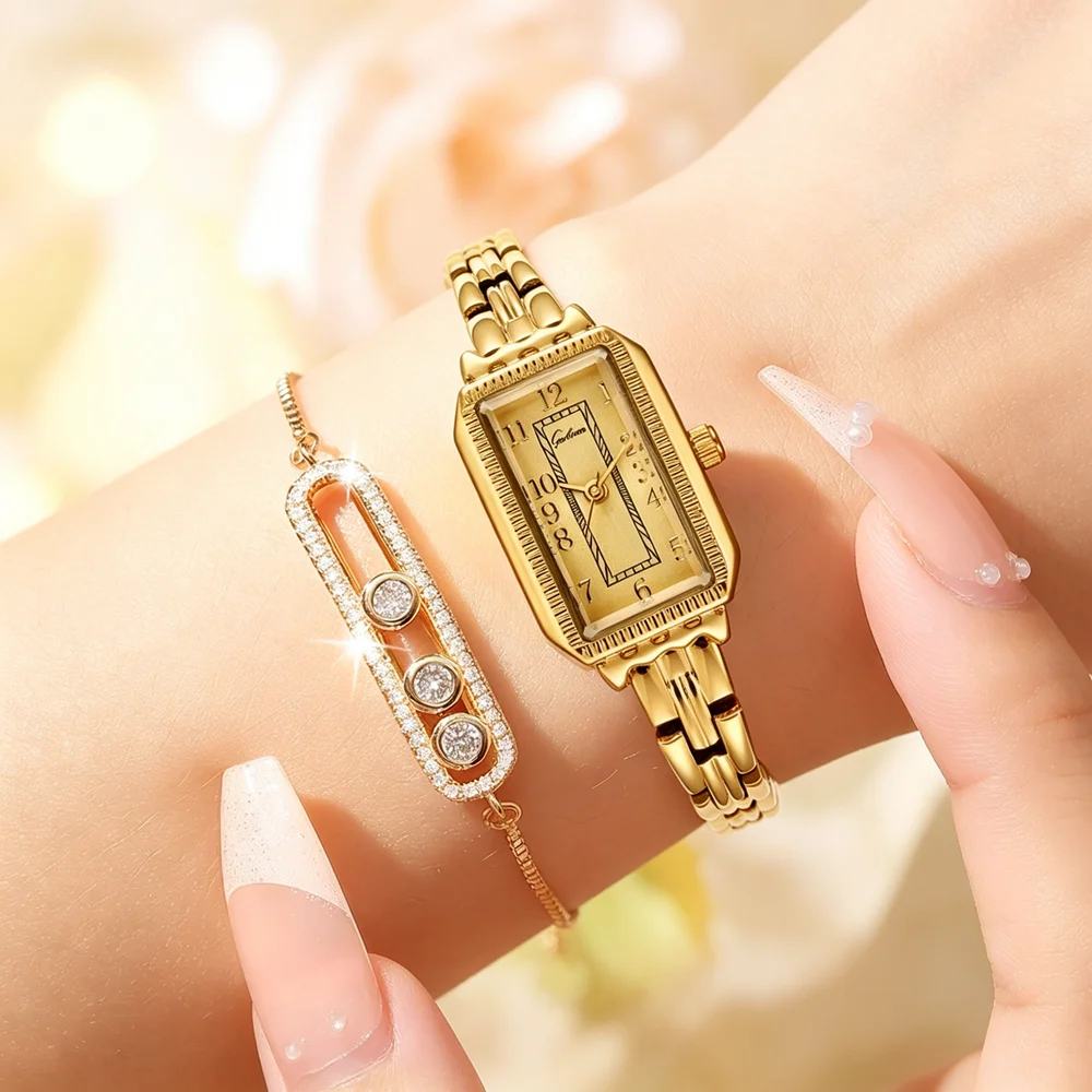 Vintage Rectangle Ladies Quartz Watch Small Wrist Watch Fold Clasp Number Dial Metal Bracelet Gold Silver