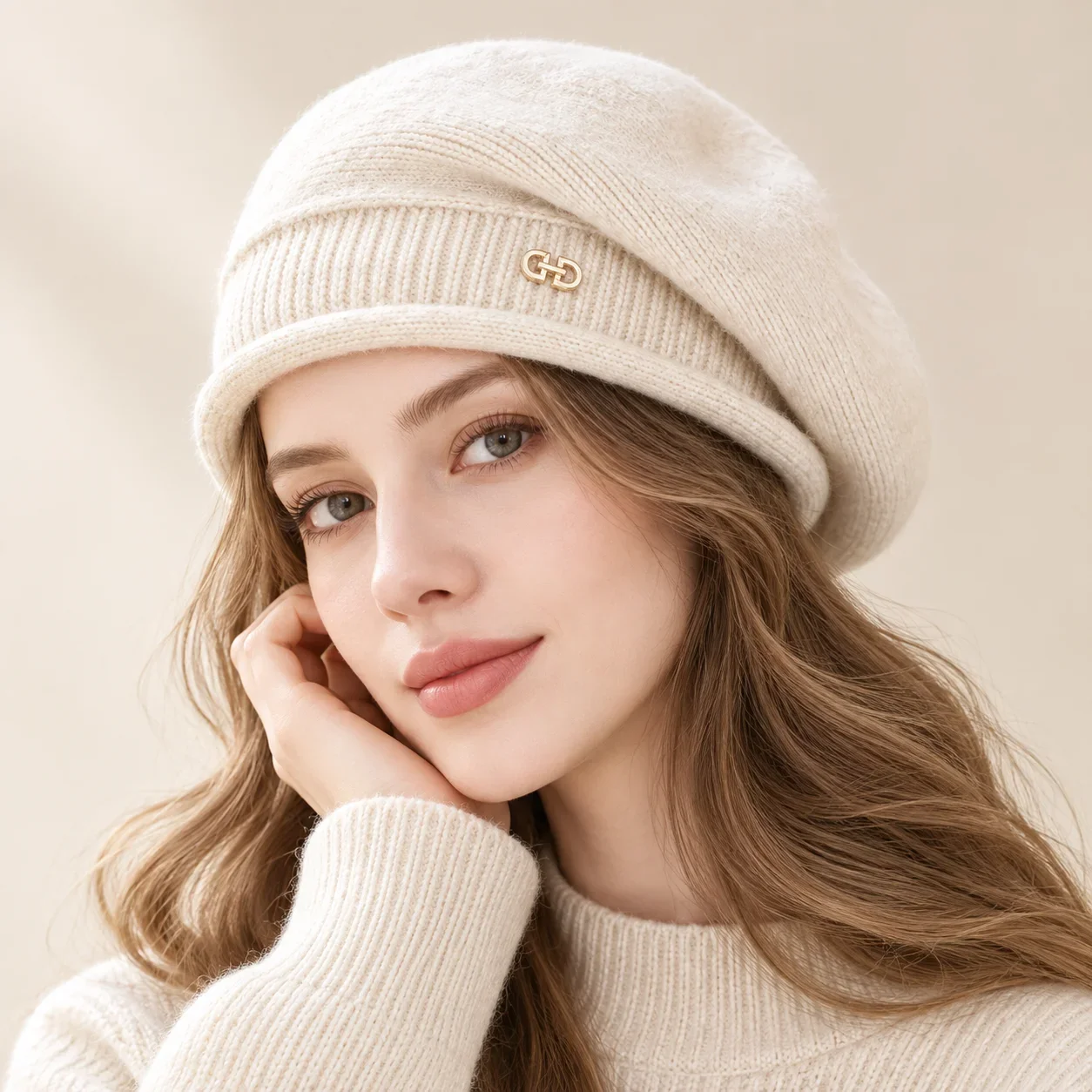 Women's Knitted Beret Hat Fashion Solid Color Warm Winter Cap Casual Artist Style Soft Slouchy Beanie With Metal Decor