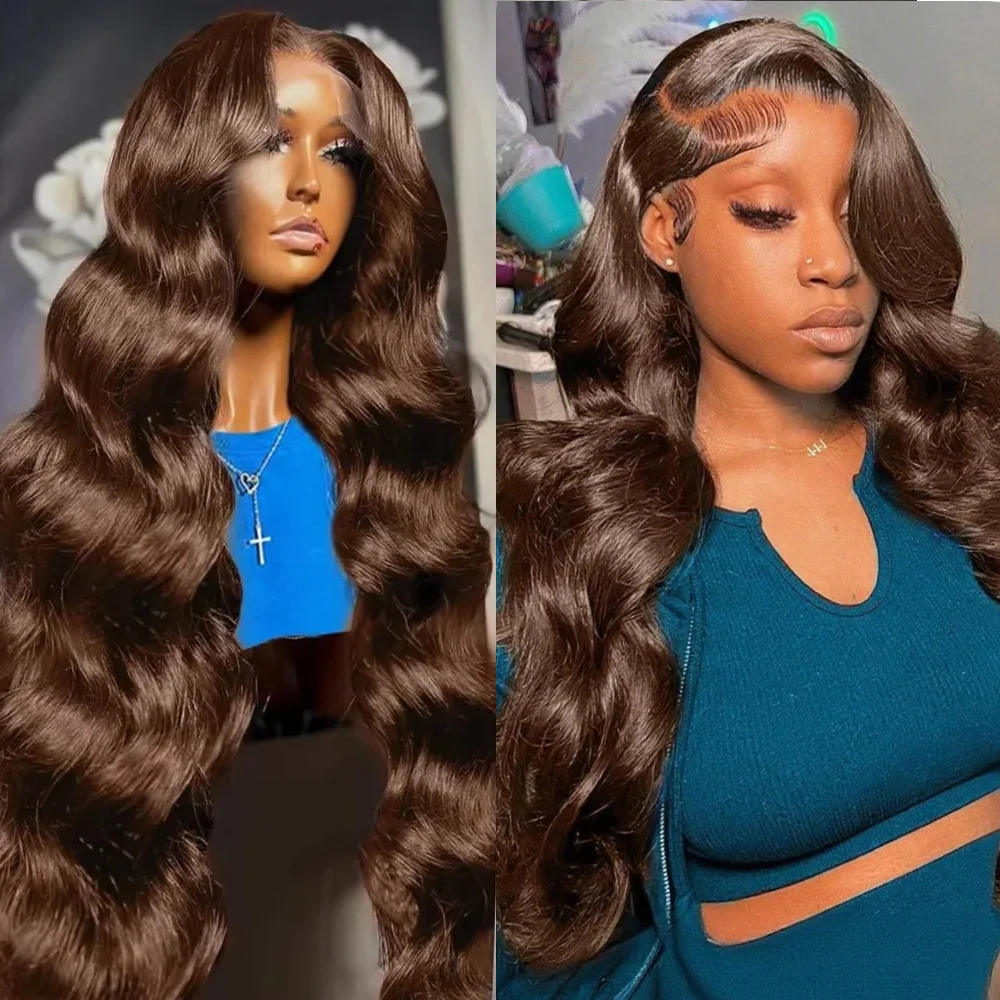 

# 4 Шоколадно-коричневых 13x4 Объемная волна Парик фронтальной части Коричневый HD 13x6 Парики фронтальной части шнурка для женщин 100% человеческие волосы Предварительно выщипанные бразильские