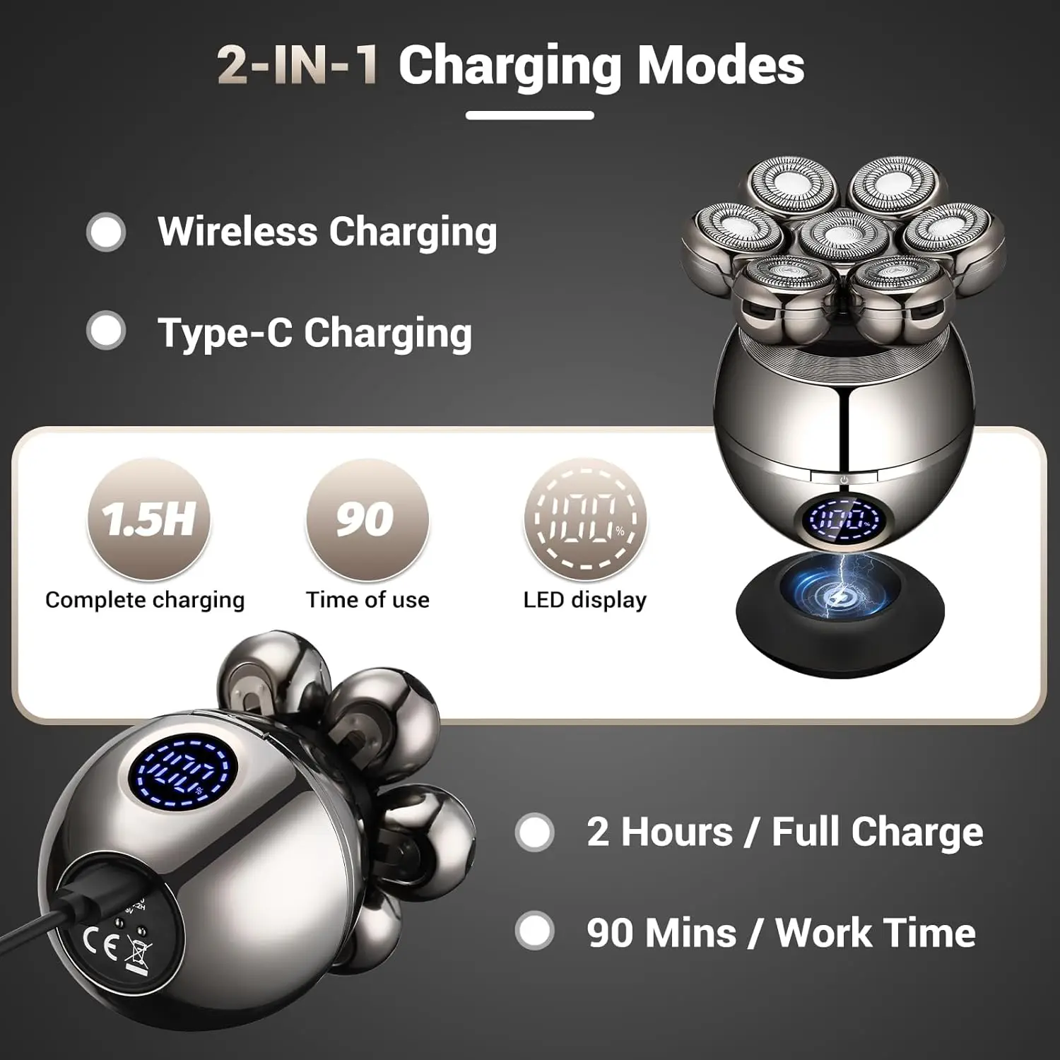 7D Bald Rotierender Rasierer für Herren, 360° °   Rasierer Typ C, kabelloses Laden, wasserdichter Nass-/Trockenrasierer, 5- und-1-Beauty-Kit-Rasierer