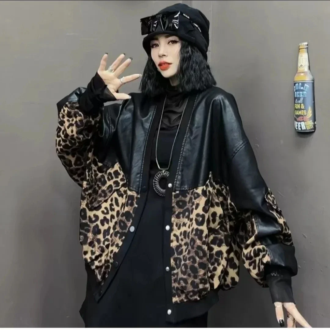 Autumn Leopard Print Stitching Leather Jacket Women Warm Cardigan PU Leather Coat Long Sleeve Loose Tops Outwear Female E2892