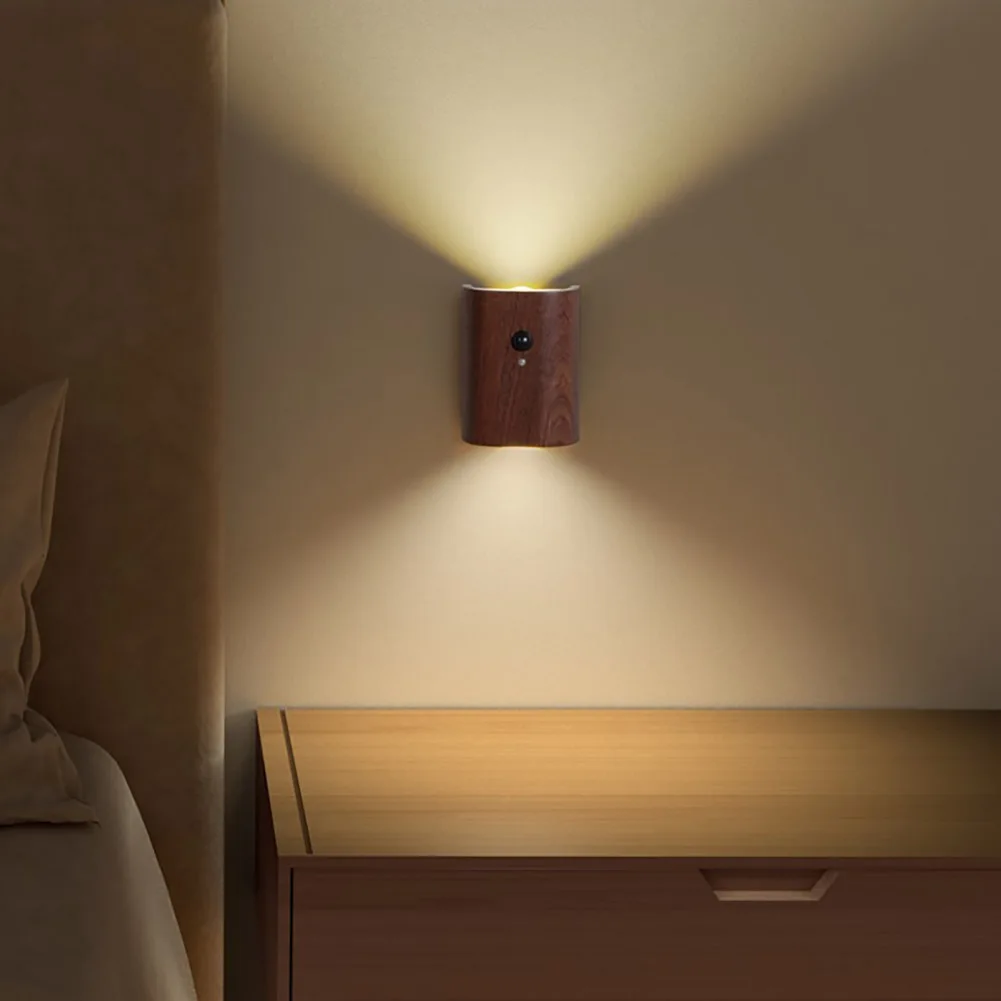 0.4W LED Wall Lamp USB Rechargeable Motion Sensor Magnetic Wood Grain Night Lights Wall Light Fixtures For Bedroom Stairs