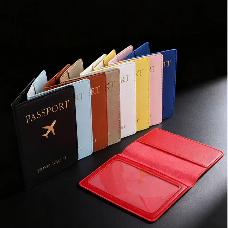 

Travel Card Solid Color Passport Holder RFID Blocking Ticket Slot Passport Cover Leather Clip Design Credit Holder Business Use