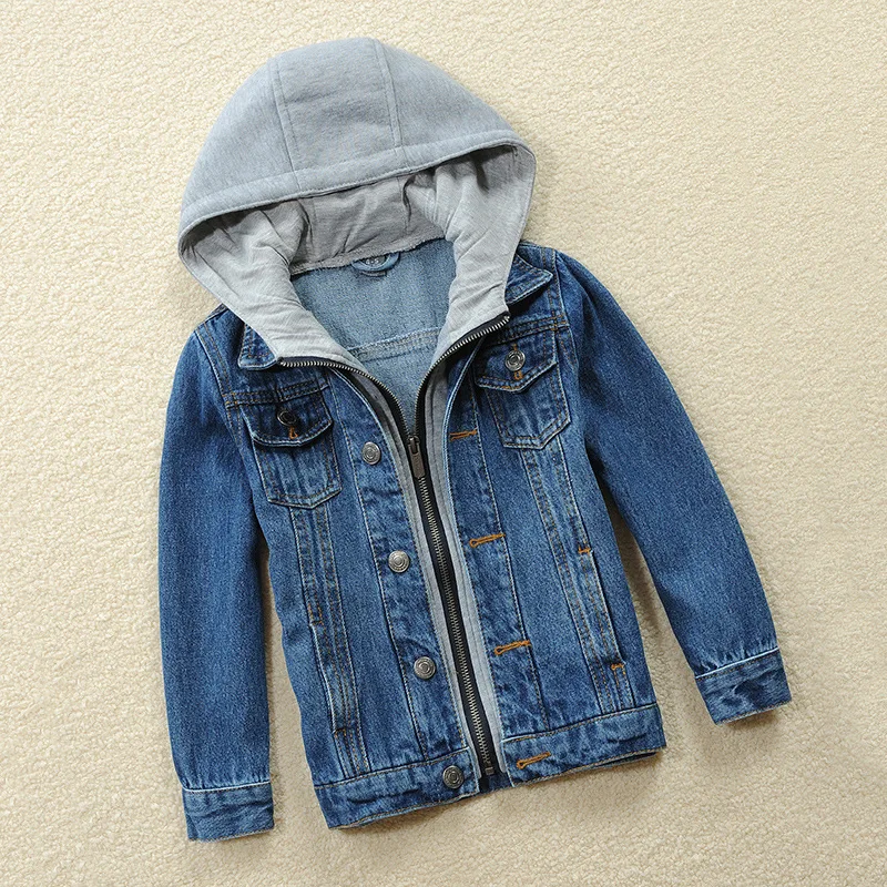 3-14Years Baby Boys Girls Hooded Jeans Coats Kids Solid Color Denim Jacket Children Long Sleeves Zipper Vintage Outwear