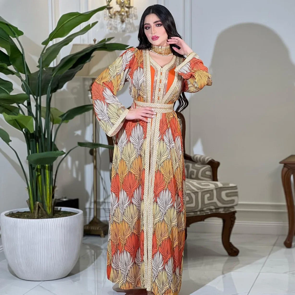 Zigui Strapless Luxury Evening Dresses Long Sleeve 2 Pieces Sets Rhinestone Abaya Jalabiya Muslim Outfits Womens Orange Dresses